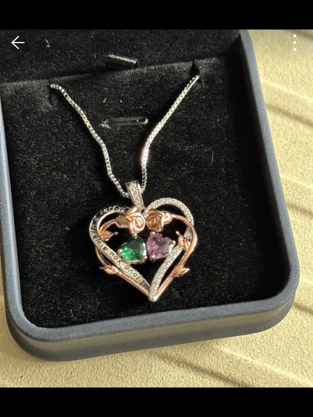 BNIB Rose Gold Heart Pendant Necklace with Green and Purple Stones